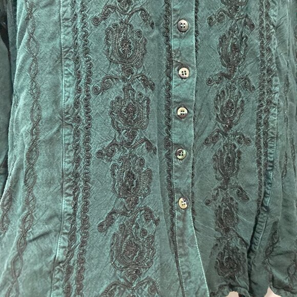 L Pogee Womens Button U Top Long Sleeve Embroidered Boho Blouse Green Tie Back - Picture 6 of 11